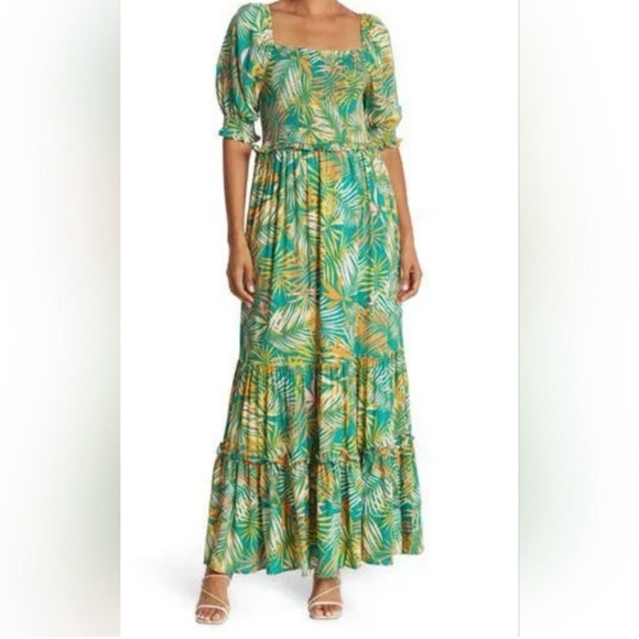 NWT BETSEY JOHNSON Tropical Smocked Green and Yellow Maxi Dress - Picture 3 of 17